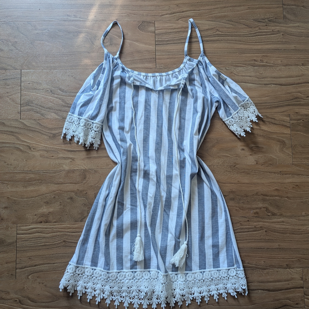 100% Cotton Italian Made White And Blue Striped Off The Shoulder Dress